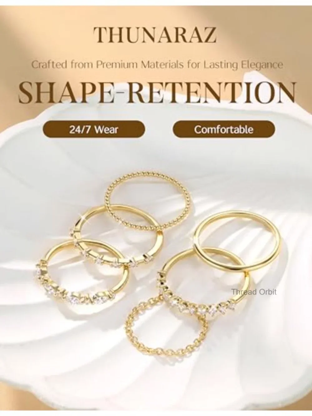 Dainty Stackable Ring Set, 14K Gold Plated, Cubic Zirconia, 6 Rings